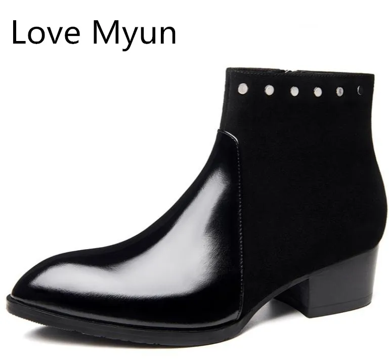

Genuine leather ankle boots men high heels pointed toe fashion wedding dress shoes patent and nubuck leather chelsea work boots