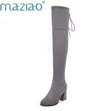 MAZIAO/Новинка года; женские Кожаные ботфорты выше колена; пикантная женская обувь на толстом каблуке со шнуровкой; зимняя теплая обувь; размеры 34-43