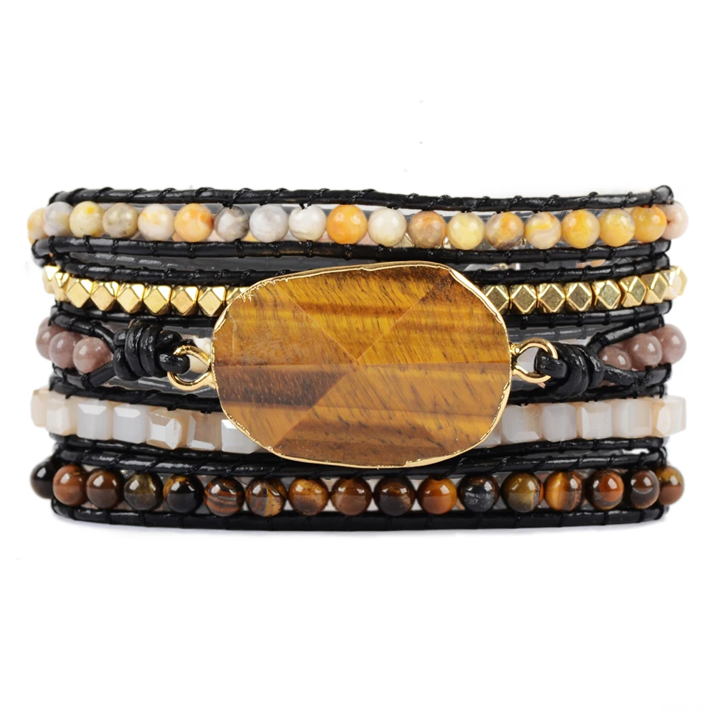 

Tiger Eye 5 Strands Wrap Bracelets Handmade Bohemian Gems Stone Leather Bracelet For Men Vintage braid Bracelet Dropshipping
