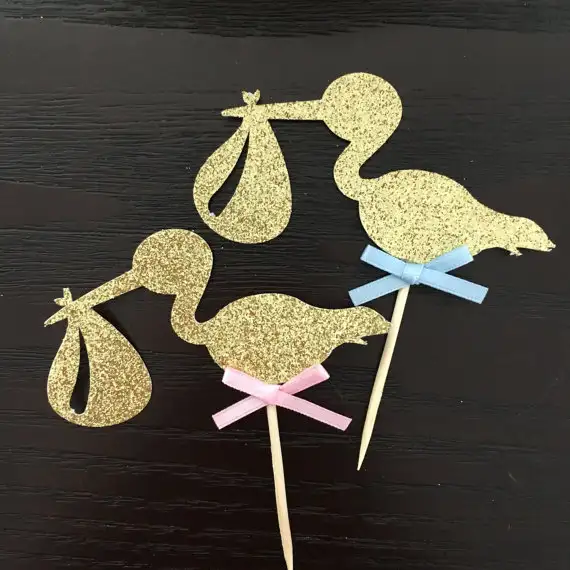 Online Shop Glitter Stork Cupcake Toppers Baby Shower Gender