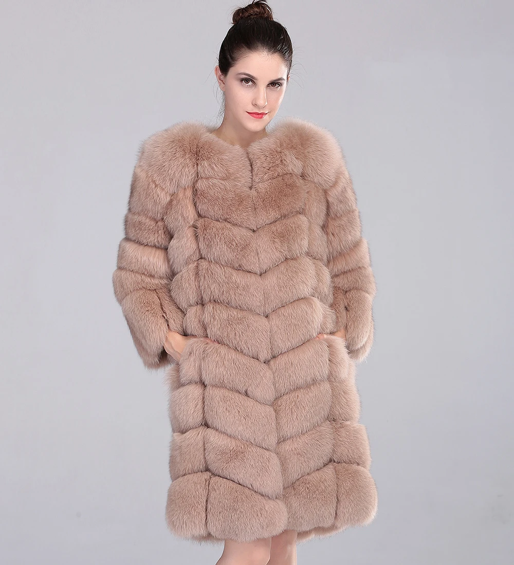Long Fox Fur Coat Natural Fox Fur Beige Color Plaid for Russian Women ...