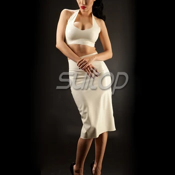 

rubber vest top with latex staight skirt for woman sexy club suit in Summer suit white color