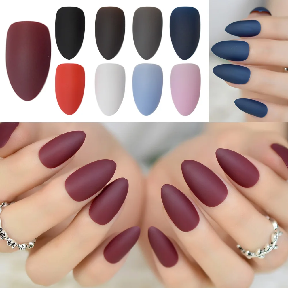 

Fashion Matte Frosted Stiletto False Fake Nails Pure Burgundy Pink Grey Oval Sharp Pointed Classic Black Blue Red Design Tips