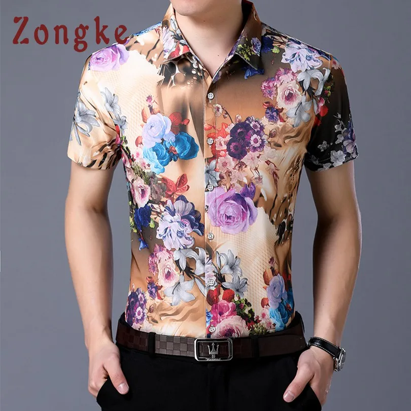 

Zongke Floral Hawaiian Shirt Men Short Sleeve Cotton Casual Hawaiian Shirt Men Red Flower Social Hawaii Shirts For Men 2019