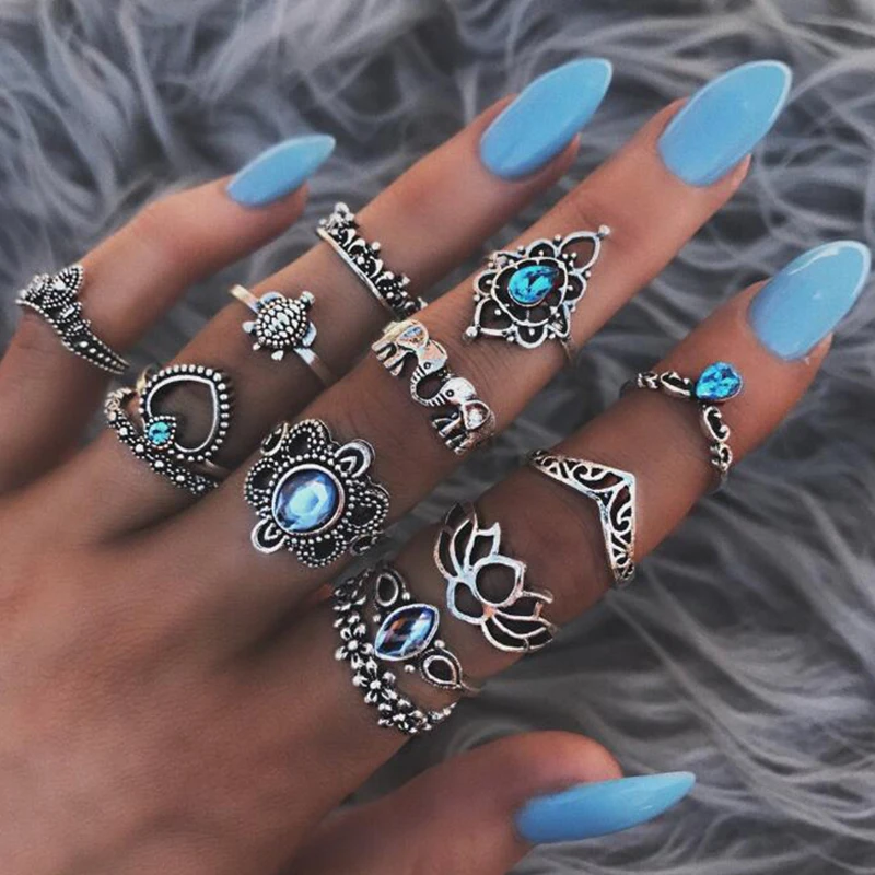 

Female Rings Bohemian Turtle Openwork Lotus Heart Shaped Elephant Geometric Crystal Joint Silver Ring Set Women Party Jewelry