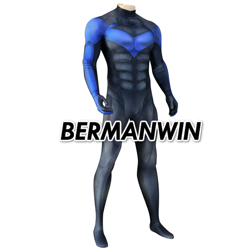 BERMANWIN Высокое качество 3D печать на заказ костюм Nightwing костюм с подкладка для мышц Batman: Arkham City Взрослый мужской косплей