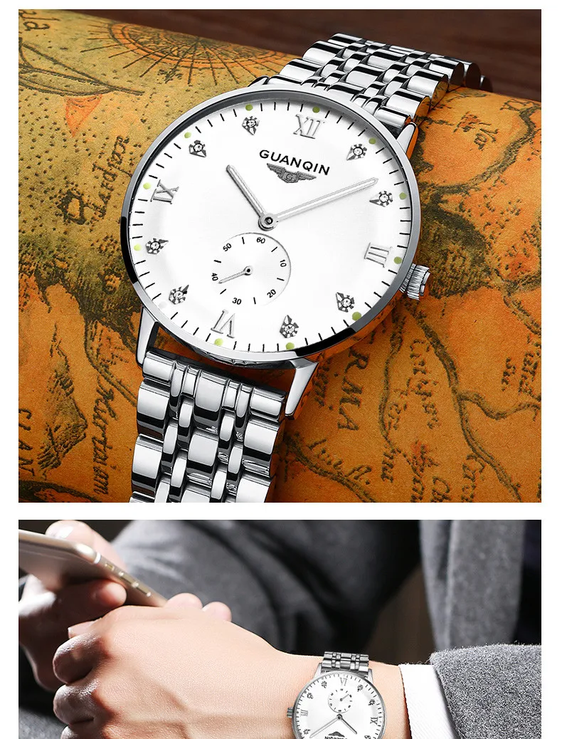 Новые GUANQIN мужские деловые часы автоматические механические часы со стразами светящийся Циферблат Водонепроницаемые мужские s наручные часы Masculino