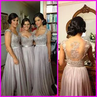 Fashion Cheap Beaded Lace Appliqued Formal Dresses Cap Sleeves Sheer Backless Long Silver Bridesmaid Dresses 2015