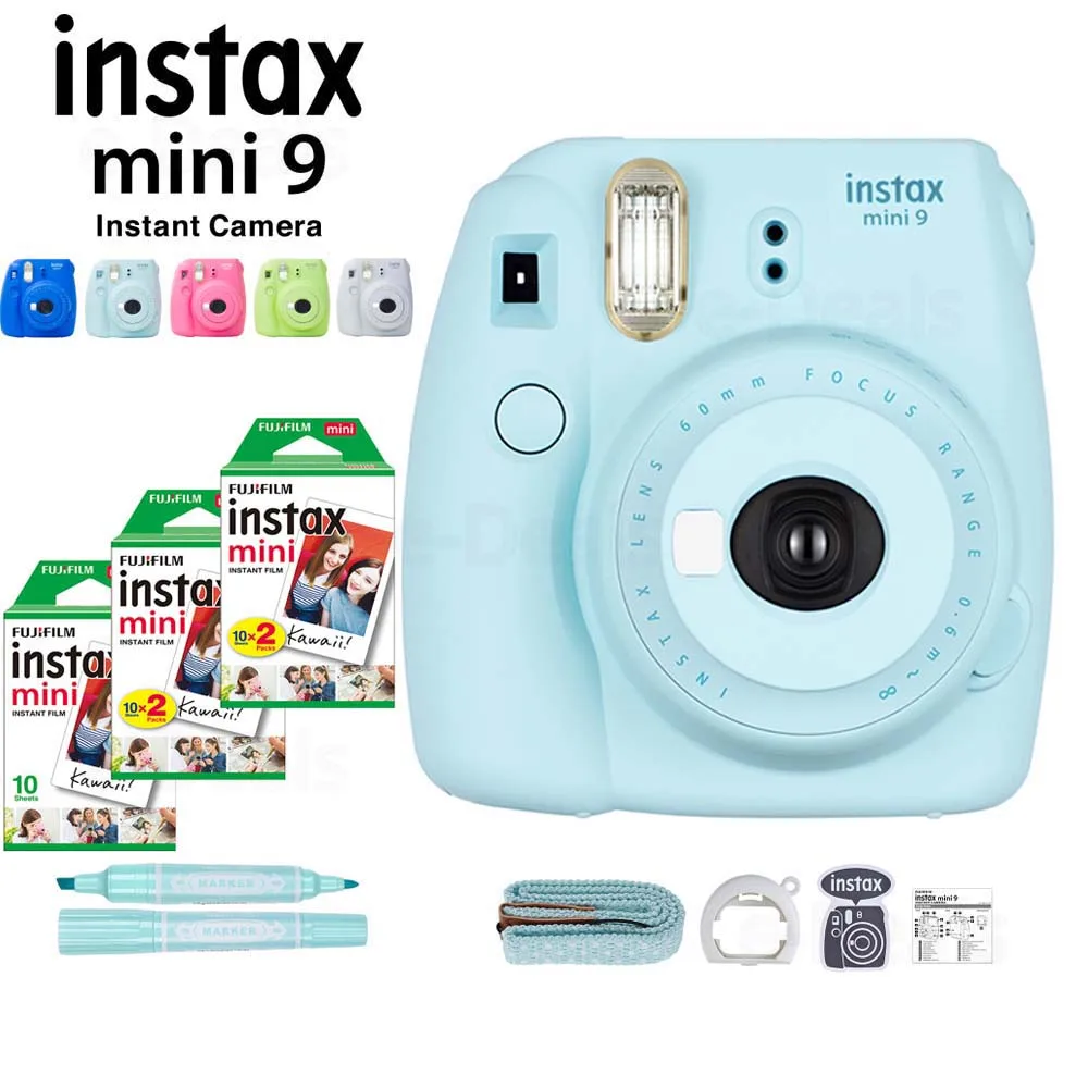 5 цветов Fujifilm Instax Mini 9 мгновенная камера+ 50 листов Fuji Instax Мини пленка белая фотобумага+ маркер+ объектив крупным планом+ ремешок