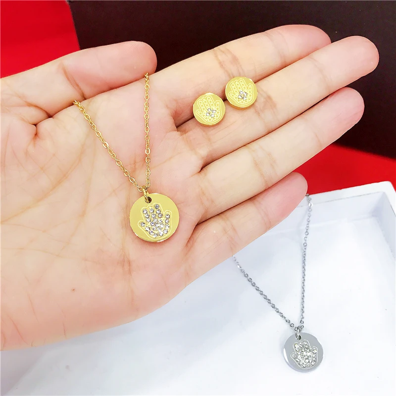 

Fashion Gold Coin Hamsa Fatima Hand Pendant Necklaces for Women Simple Round Choker Boho Charms Crystal Necklaces Jewelry Sets