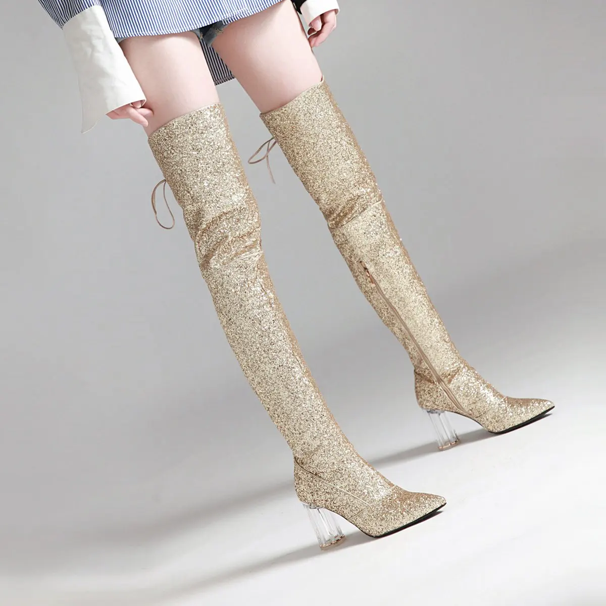 

Women's Thigh Boots Transparent High Chunky Pointed Toe Side Zip Sequins Shoes E26