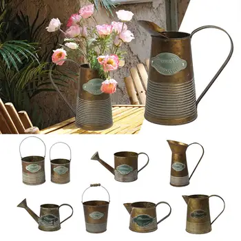 

Retro Old Bronze Color Wrought Iron Flower Barrel Handles Multi-meat Flower Arrangement Artificial Flower Vase Decor Pot