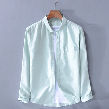 

New brand long sleeve shirt men fashion water green shirts men cotton and linen solid shirt mens summer comfortable tops camisa