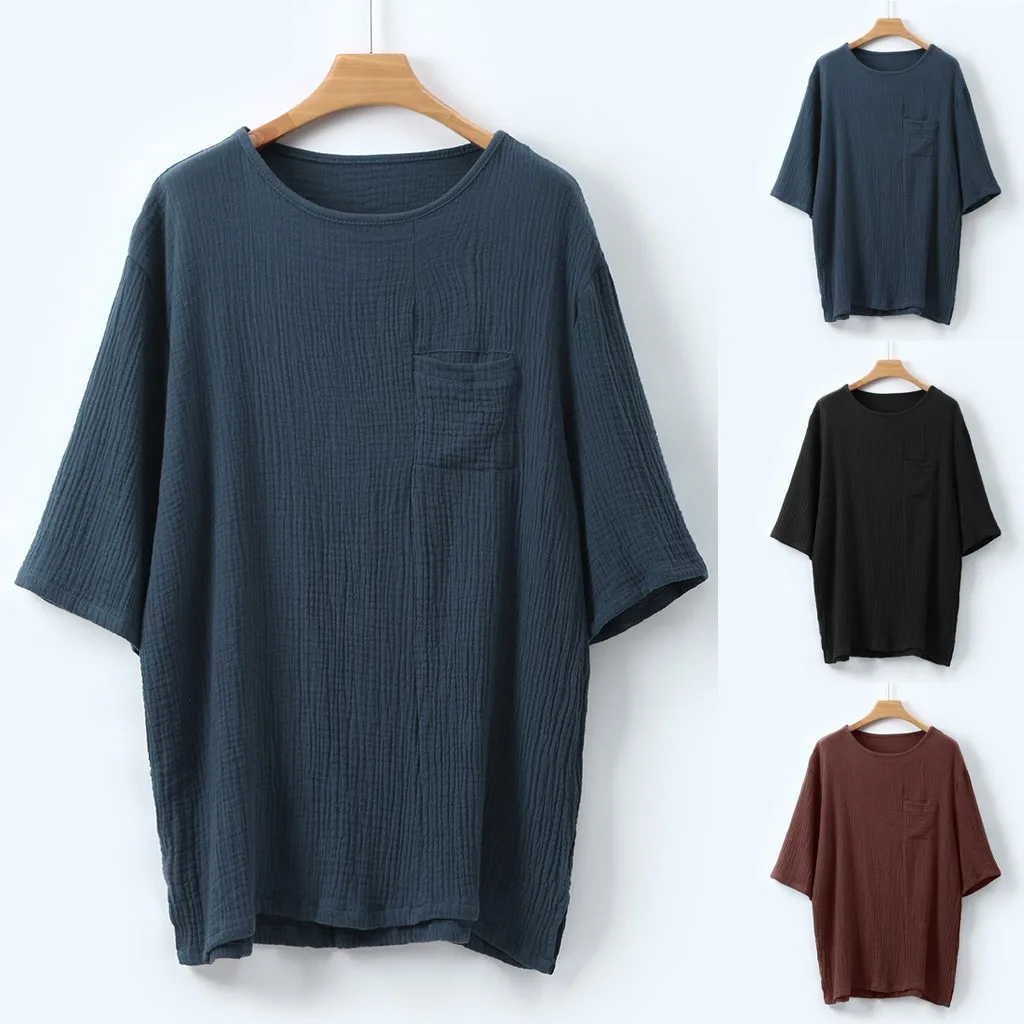 

Short Sleeve Tops Men's Baggy Cotton Linen Soid Color Short Sleeve Retro T Shirts Tops Blouse