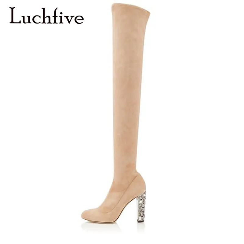 Kopen Kleurrijke strass dikke hoge hakken over de knie laarzen voor vrouwen ronde neus rits lange laarzen zwart beige sexy schoenen vrouwen