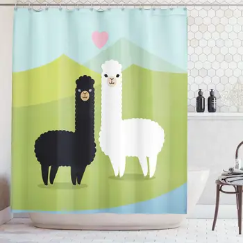

Llama Shower Curtain Alpacas in Love in The Mountains Fauna Valentine's Animals with Contrasting Colors