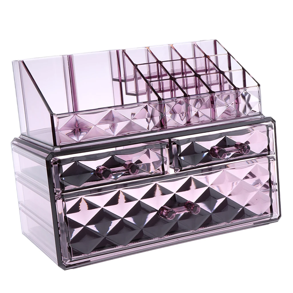 Premium Purple Makeup Organizer Acrylic Cosmetic Storage with Drawers and Jewelry Display Box