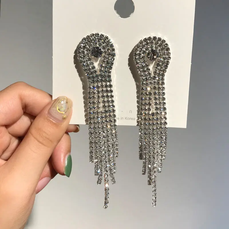 Flatfoosie New Silver Color Rhinestone Crystal Long Tassel Earrings for Women Bridal Dangle Earrings Brincos Wedding Jewelry