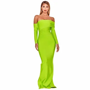 

Wholesale Newest Women green Long sleeve Slash neck Strapless Fashion temperament Celebrity Bandage long dress(H2737)