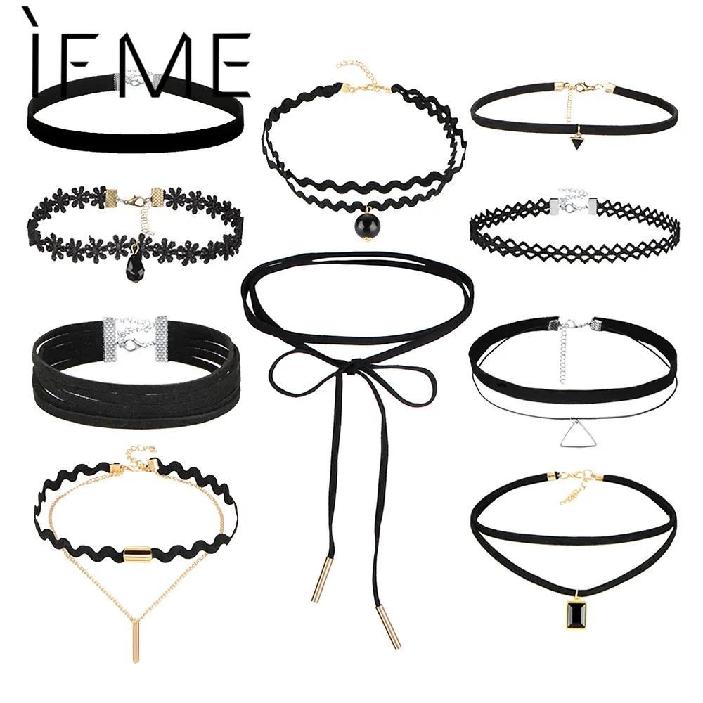 Женский комплект из колье и черного цвета в готическом стиле|gothic chokers|fashion chokerleather
