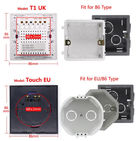 Интеллектуальный выключатель света Sonoff T1 US/EU Wi-Fi RF/APP/сенсорный экран Управление настенный светильник Переключатель 1/2/3 банда 86 Тип Панель настенный сенсорный светильник переключатель умный дом пульт дистанционного управления