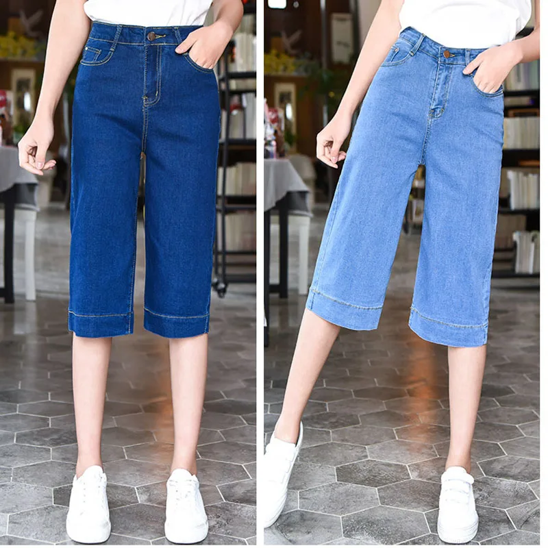 

Sweet Calf-length Wide Leg Jeans Ladies Plus Size Confort Jeans 2019 Summer Causal Stretch Jeans dark blue light blue