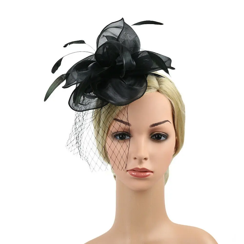 

NEW Fashion Wedding Womens Fascinator Penny Mesh Ribbons And Feathers Party Hats Black White Pink Green