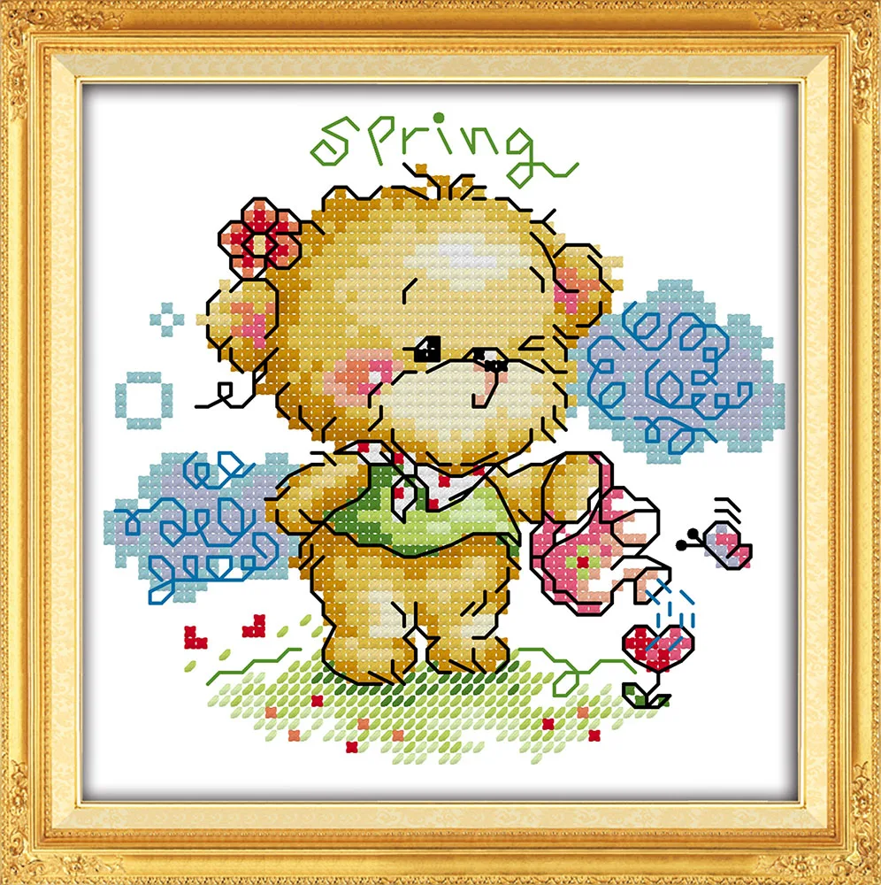 

The four seasons little bear-spring, counted printed 14CT 11CT Cross Stitch kits,embroidery needlework Sets Home Decor