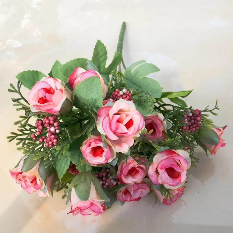 YO CHO 15heads Silk Tea Roses Flower Bride Bouquet for Christmas Home Wedding New Year Decoration Fake Plants Artificial Flowers - Color: pink