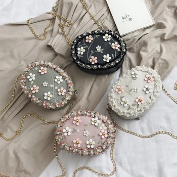 

Fashion Women Candy Small Circle Round Shoulder Pearl Chain Cross Body Bag Purse Flower Handbags
