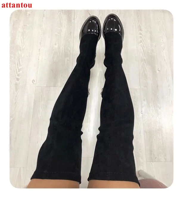 Chica Rodilla Punta Bajo Largas Negro La Picture Mujer Zapatos Parche As Del Talón Botas Elástico Otoño Redonda Cuero Femeninos Sobre De Invierno Gamuza Trabajo v7wnqA