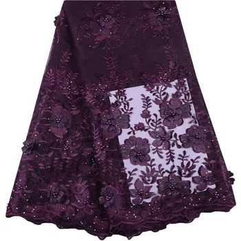 

3D Flowers French Lace Fabric 2019 High Quality Embroidery African Lace With Rhinestones Lace Fabrics For Wedding Dress 1542