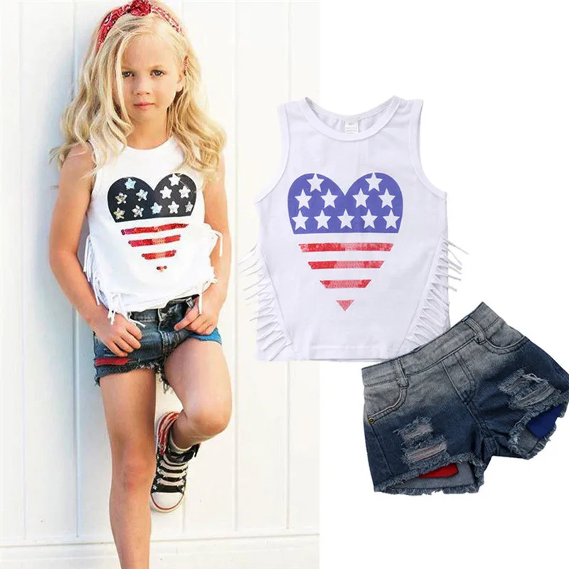 

Summer Toddlers 2pcs Set Fashion Girl Clothes Sets Vest Tops+Ripped Denim Shorts Kids USA Flag Outfits Clothing Set