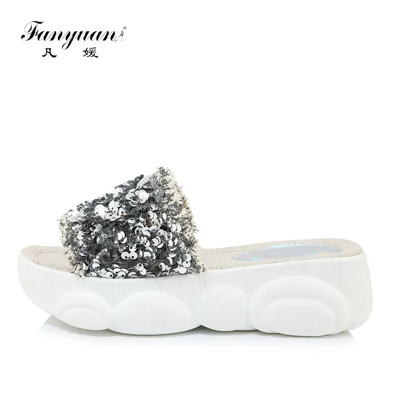 

Fanyuan Fashion Peep Toe Wedges high Heels Summer Bling Slides Solid Outside Shallow Slippers Comfort Women Platform Shoes