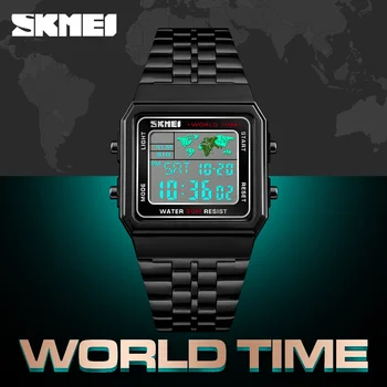 

Clock Mens Business Watches World Time Square Date Stainless Steel Digital Sports Chrono Waterproof Wristwatch Relogio Masculino