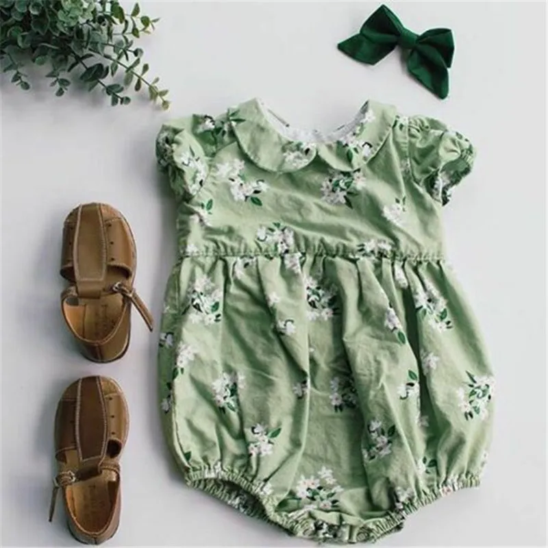

Newborn Baby Girl Doll Collar green Floral Bodysuit short sleeve Jumpsuit summer casual cotton Outfits Sunsuit