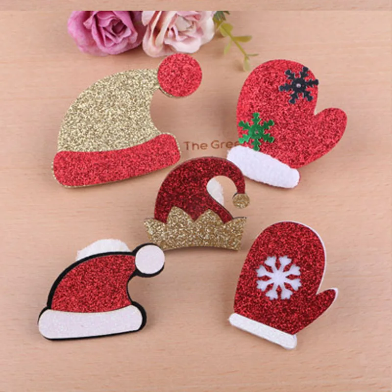 

High Quality 30pcs/Lot DIY Jewelry Findings Christmas Hat Glove Snowflower Bell Button Patch Stickers Girls Hair Jewelry Bow DIY