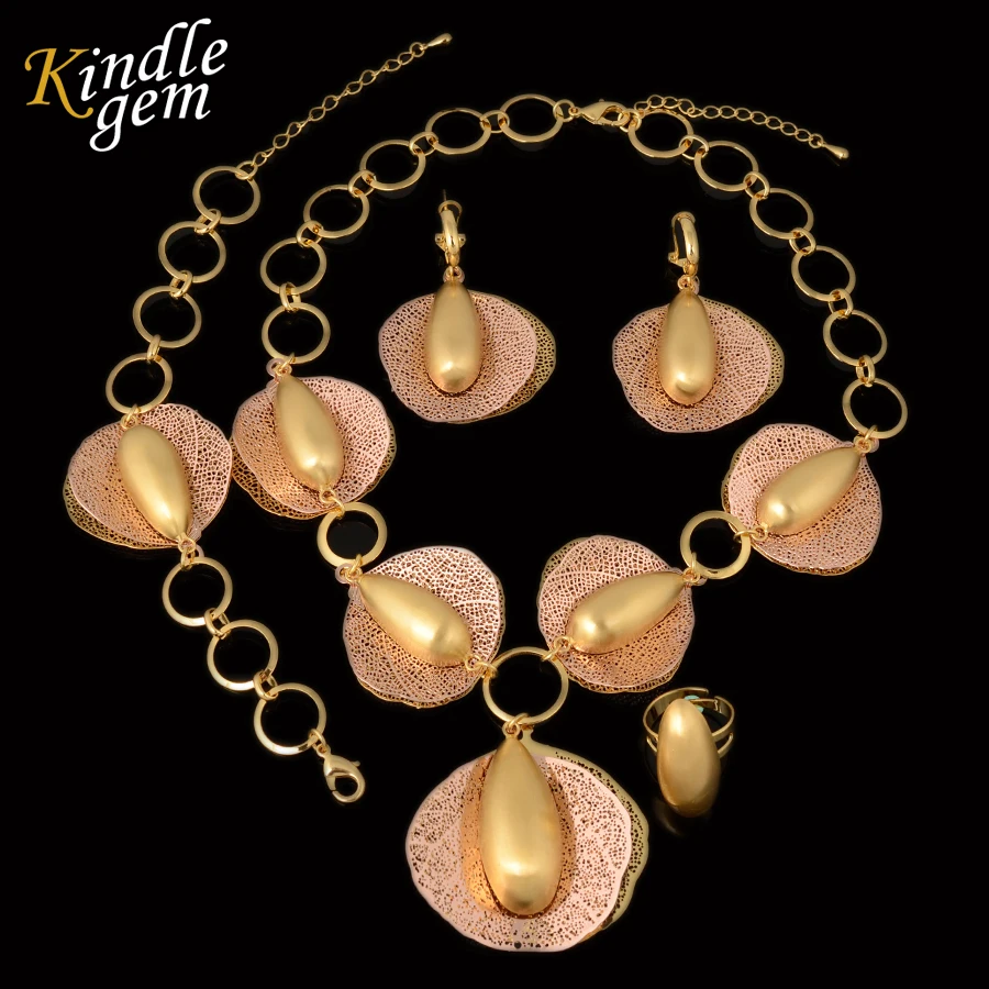 New Rose Gold Color Jewelry Sets Long Necklace Earrings