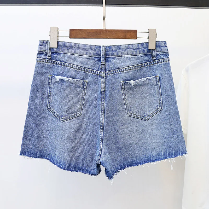 Denim Shorts Skirt Blue Korean Vintage High Waist Female Loose Women's Summer Ripped Hole Button Jeans Shorts  5XL