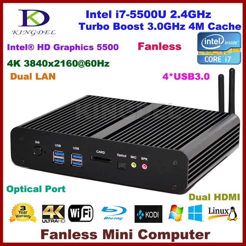 Безвентиляторный мини ПК HTPC Intel 5th Gen.i7-5500U Broadwell CPU HD Graphics5500 Ultra 4K 2 * Gigabit LAN + HDMI SPDIF 4
