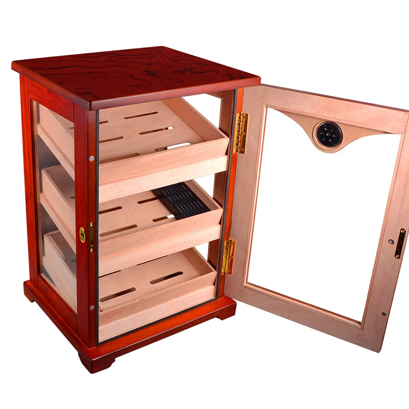 Promotion Price! COHIBA High Glossy Cedar Wood Cigar Cabinet Humidor Storage Box W/ 3 Drawers Hygrometer Humidifier