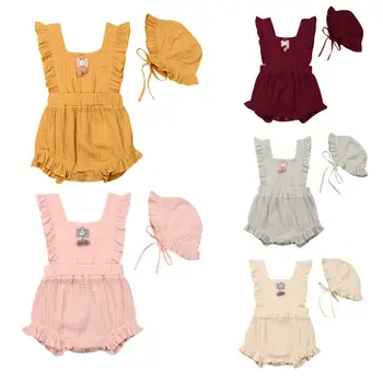 

0-24M Toddler Newborn Infant Baby Girl Ruffle Solid Romper One Piece Jumpsuit Hat 2pcs Outfits Summer Clothes Set
