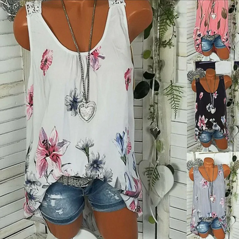 

Women's lace round neck print vest
