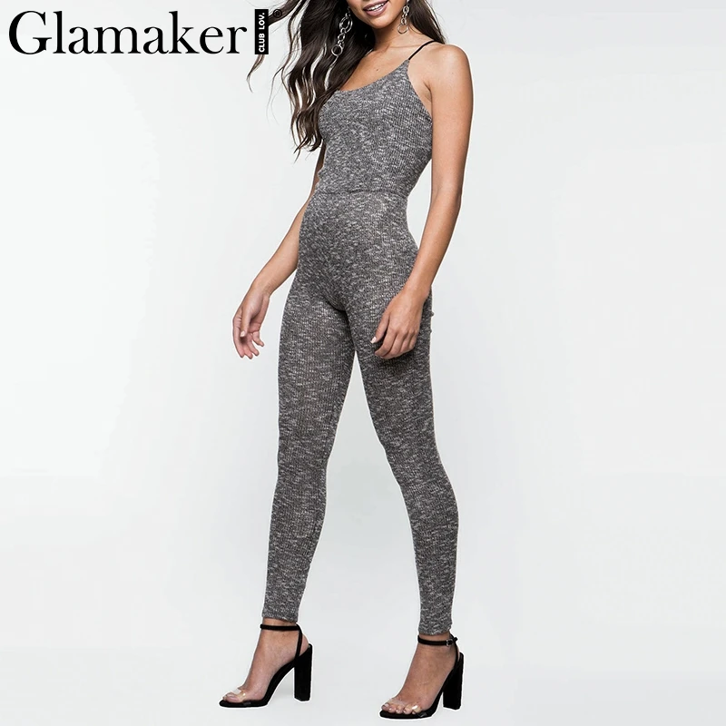Glamaker Lace up knitted slim sexy women playsuit High waist backless elegant spring jumpsuit Summer casual club romper overall