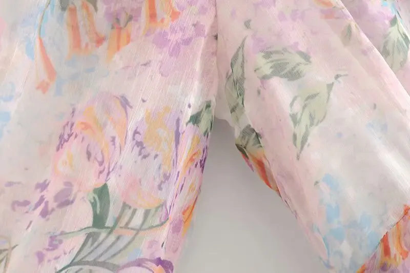 Boho Chic, женские винтажные боди, тюльпан, цветочный принт, один Боттон, v-образный вырез, оборки, длинный рукав, шифон, комбинезоны, богемный комбинезон