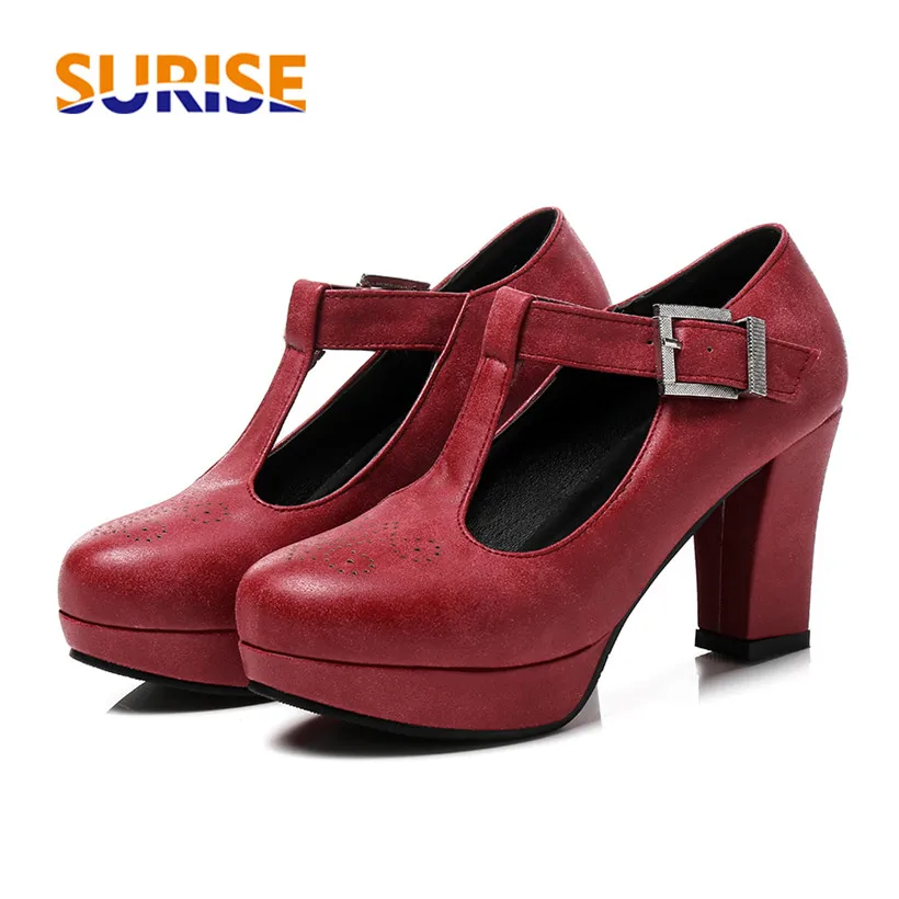 

Size 32-43 T-strap Women Platform Pumps 8.5cm Chunky Block High Heel PU Leather Round Toe Red Casual Party Office Lady Mary Jane