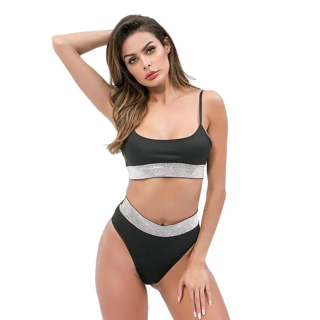 

Women Spaghetti Strap Sleeveless Rhinestone Patchwork Loose Two-piece Summer Swimming Swimsuit Backless