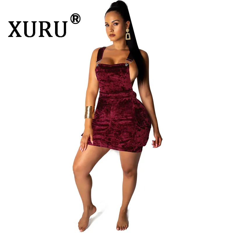 

XURU New Women's Sexy Dress Ice Velvet Three-dimensional Pocket Strap Dress Black Burgundy Dress