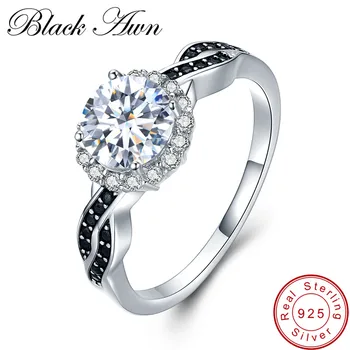

[BLACK AWN] Fine Jewelry 2.3Ct 100% Genuine 3g 925 Sterling Silver Row Black Spinel Stone Engagement Rings for Women Bague C036