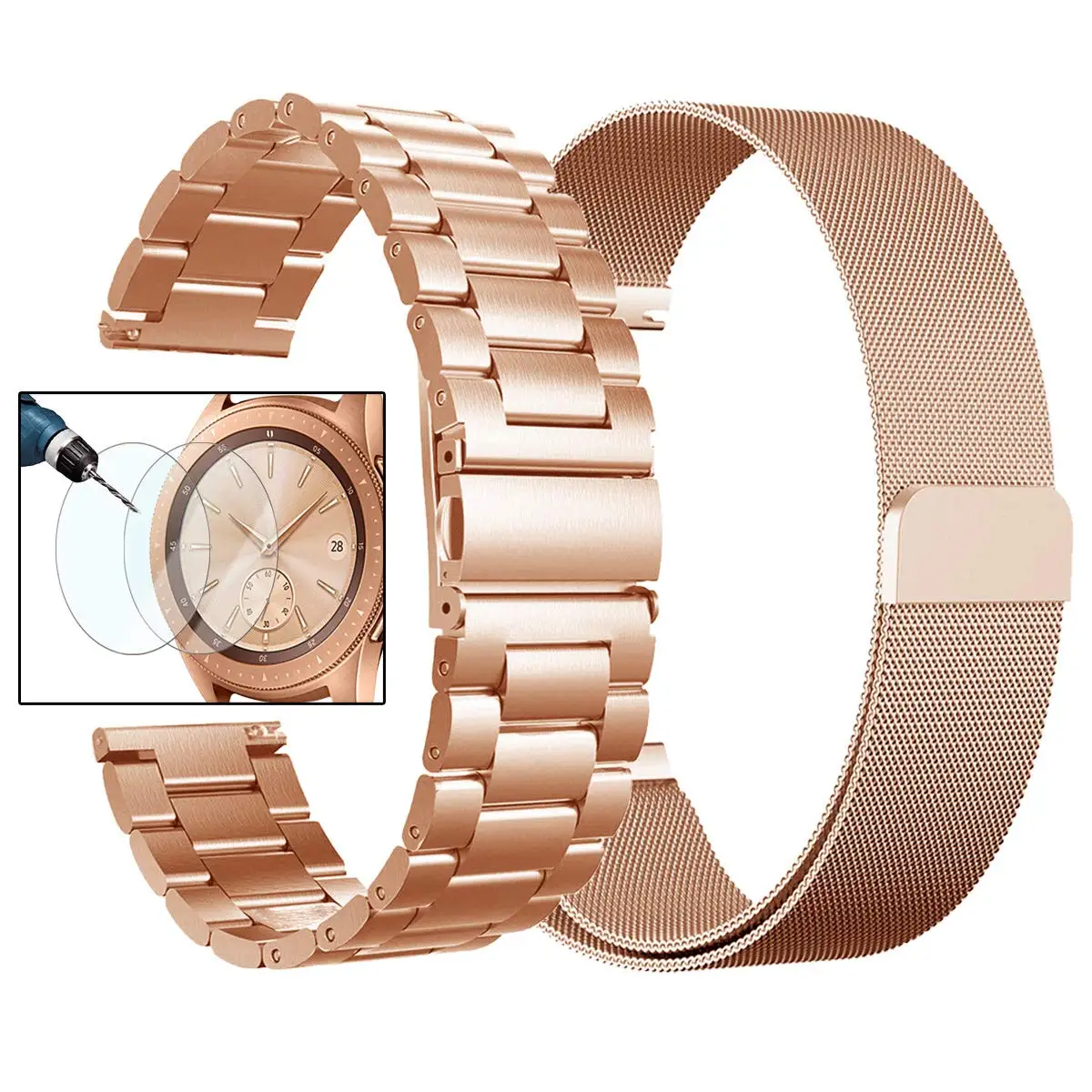 rose gold rose gold JANSIN нержавеющая сталь металлический ремешок+ Миланская Петля Браслет ремешок для samsung Galaxy Watch 42 мм 46 мм с защитной пленкой экрана - Цвет ремешка: rose gold rose gold